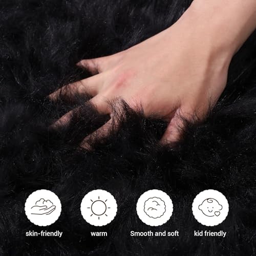 Ultra Soft Faux Fur Rug, Fluffy Shaggy 3ft Round Area Rug, Black Plush Faux