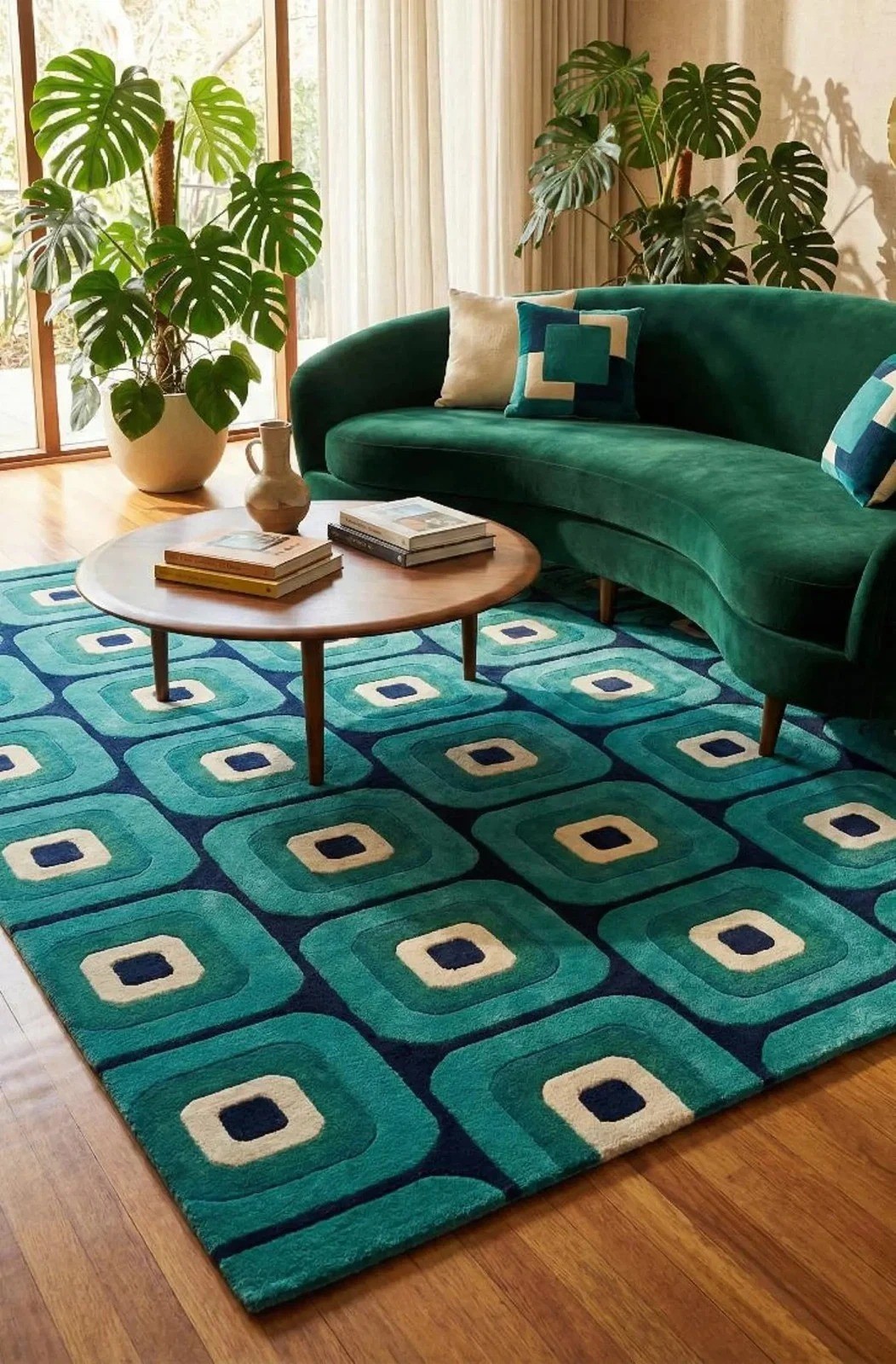 Hand Tufted Teal Blue Wool Rug 8×10 Mid Century Modern Geometric Retro Area Rug
