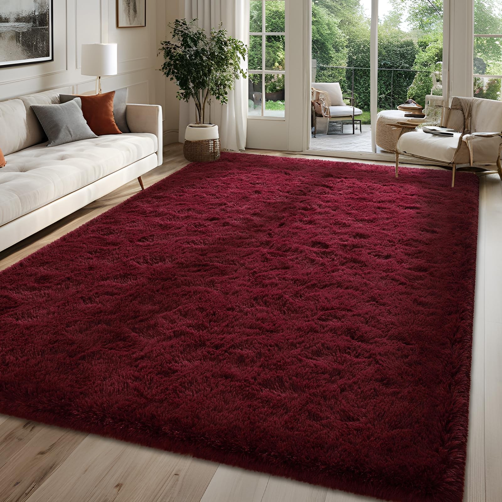 Fluffy Burgundy Red Rugs for Bedroom, 4×6 Feet Dark Red Area Rug for Living R…