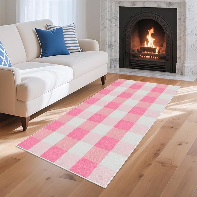 Terrug Pink and White Checkered Area Rug for Kitchen,2×6 Runner Rugs Washable…