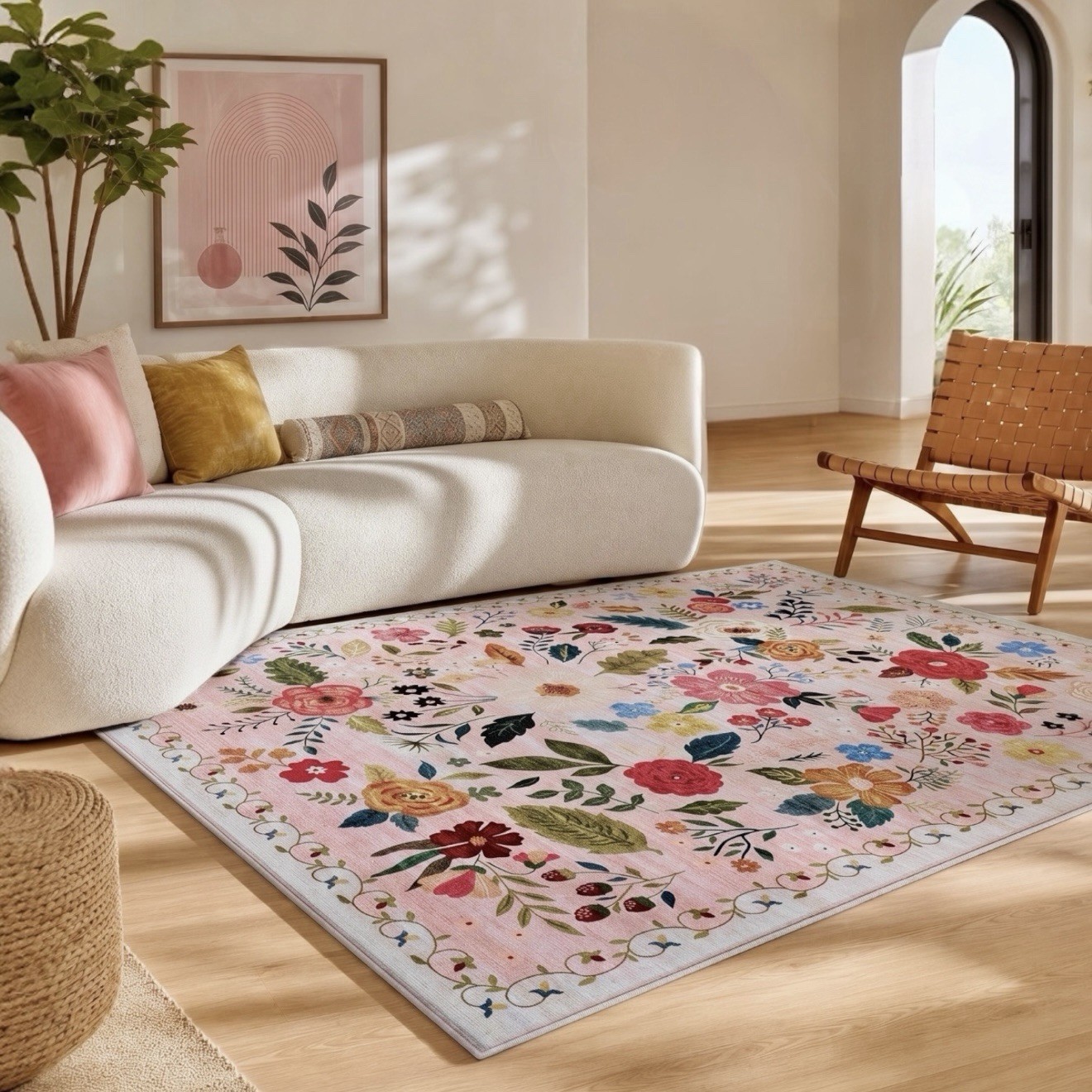 NEW Anthro White Pink Floral Boho Vintage Multicolor Area Rug Carpet – 5′ x 7′