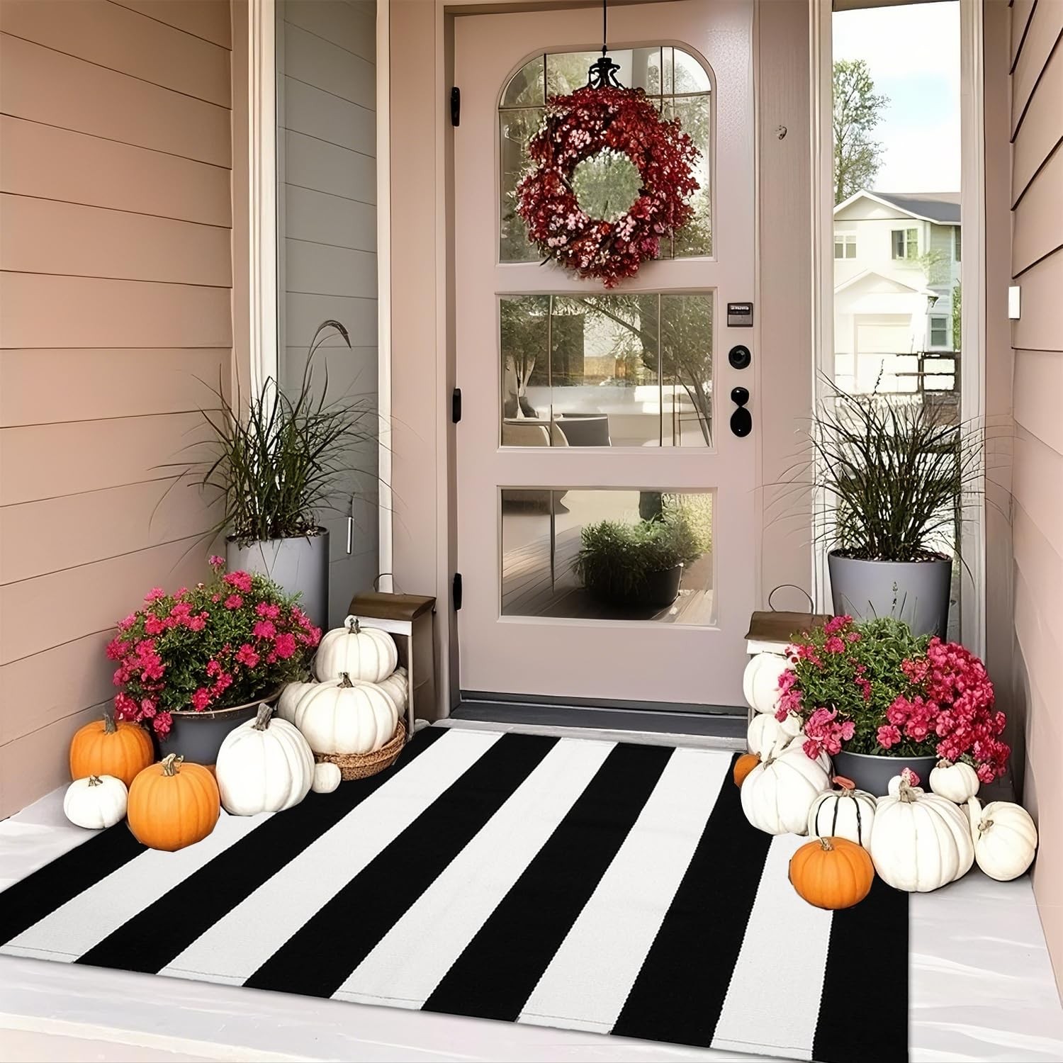 Black and White Striped Outdoor Rug3’x5’Front Porch Rug,Cotton Woven Machine …