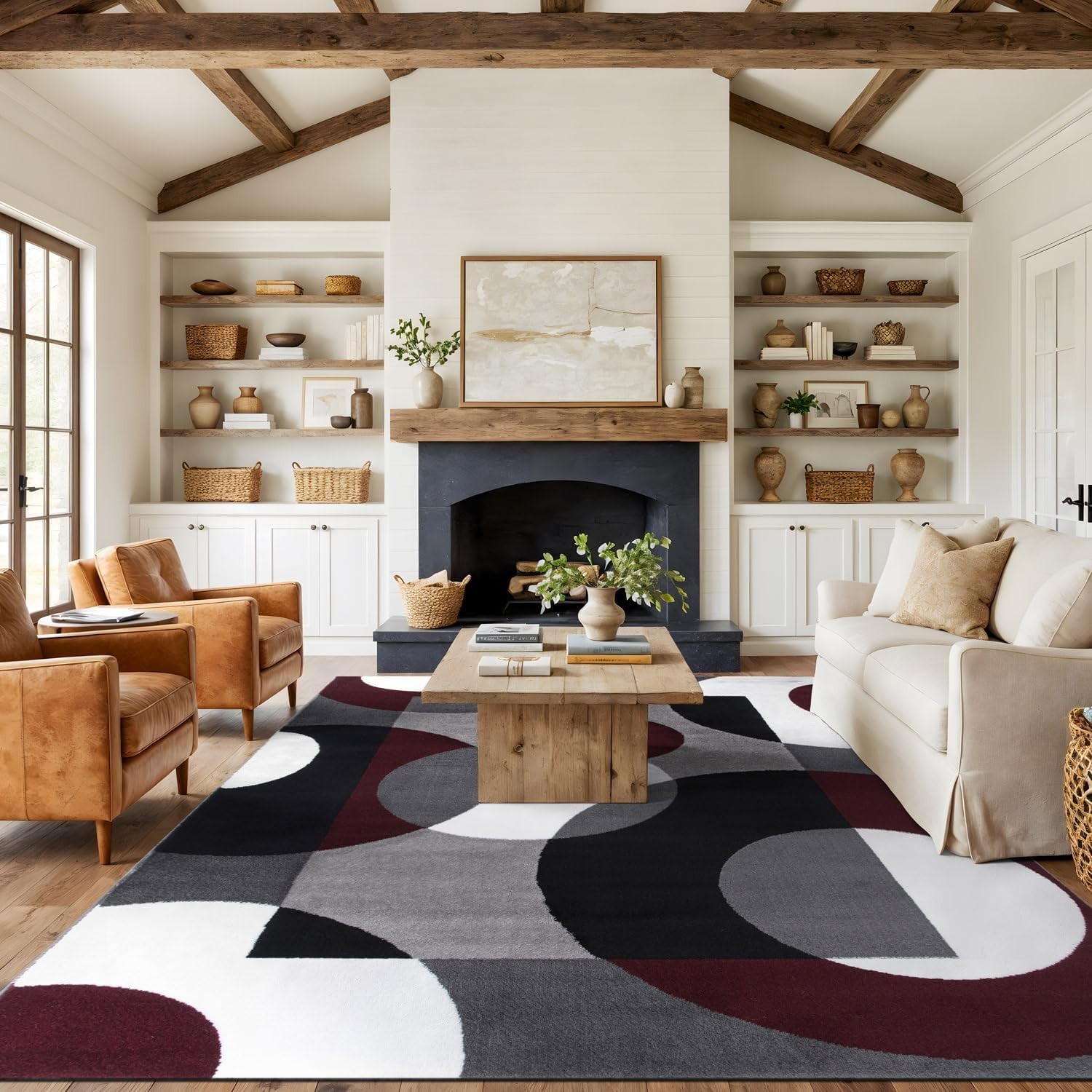 Burgundy Modern Geometric Area Rug, Overlapping Circle Pattern, Non-Shedding,…
