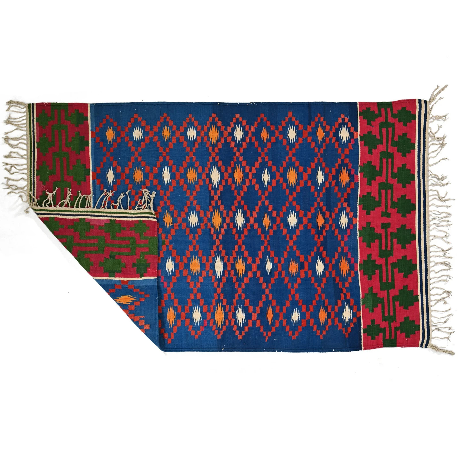 Punjabi Dhurrie Rug 3.6×6.3 Handmade Cotton Kilim Blue Tribal Area Rug Decor