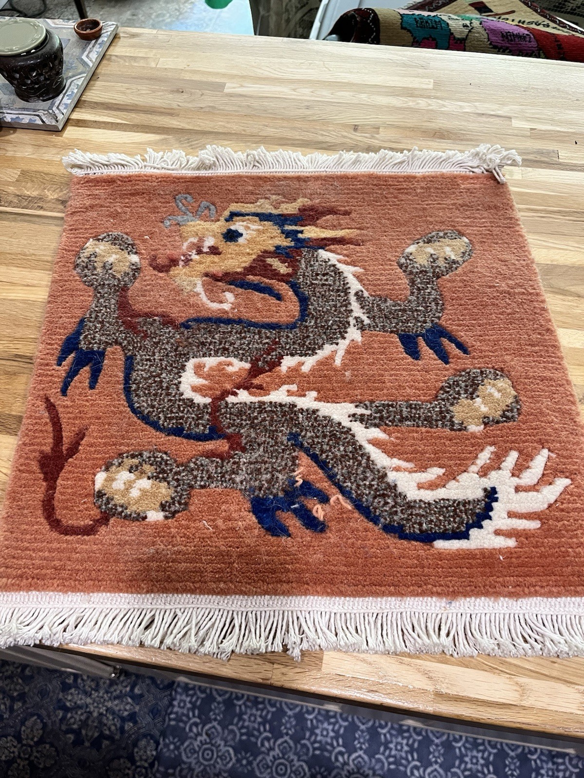 vintage small wool tapestry type prayer rug Asian dragon 16×16 Decor Fringed