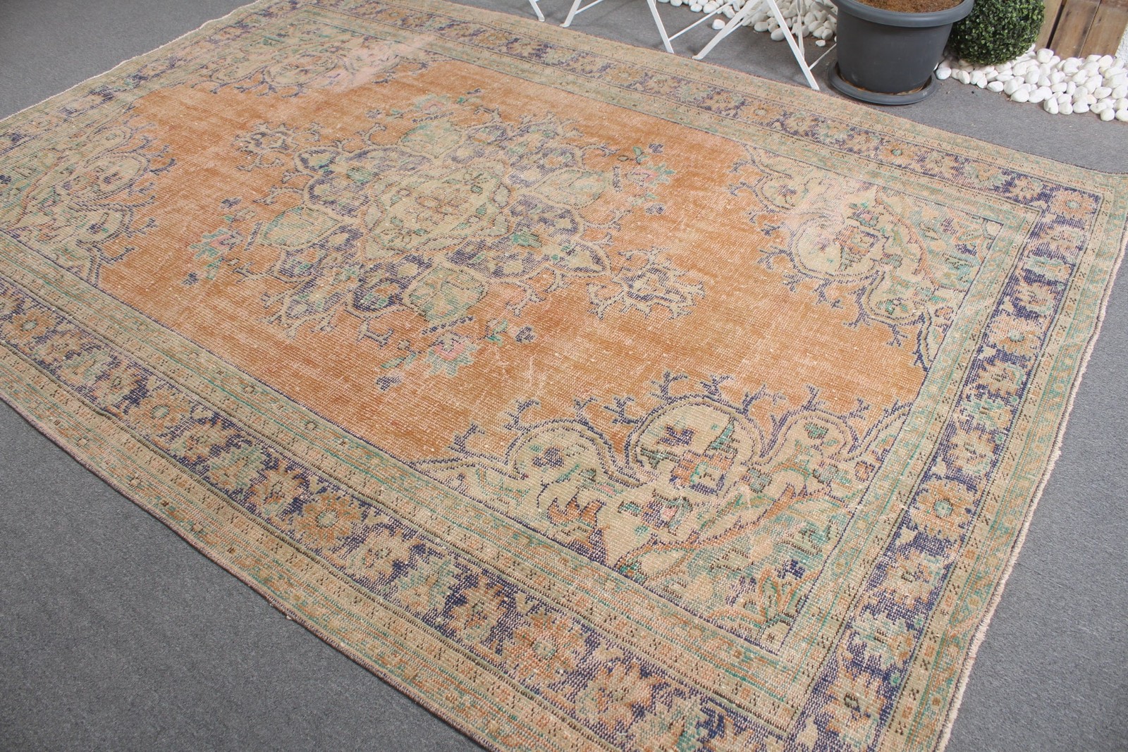 Turkish Rug, Oversize 6,9×10,3 ft Vintage Rug, Brown Blue Oriental Wool Rug