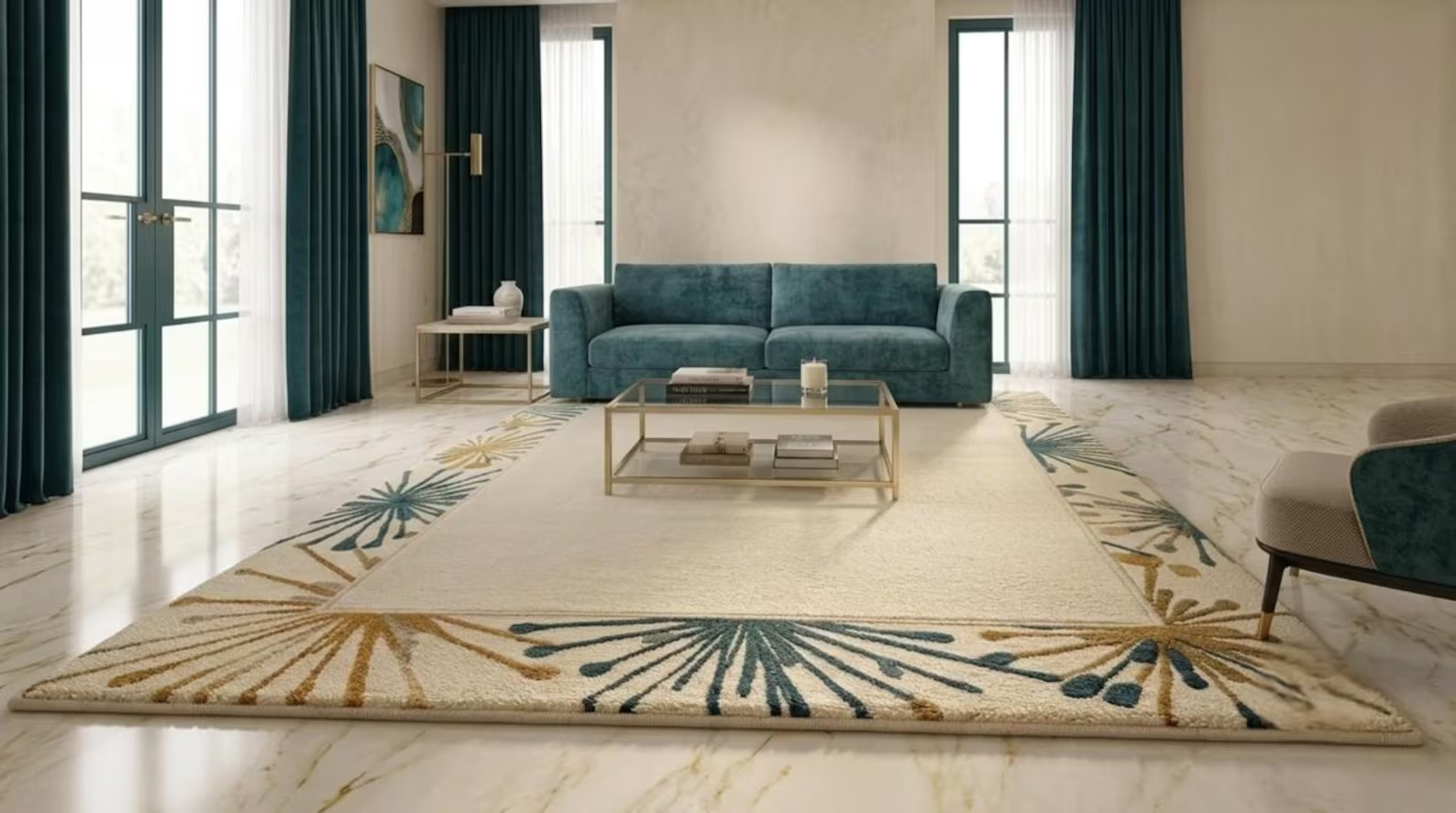 Hand Tufted Wool Rug, Floral Border, 100% New Zealand Wool, Modern Living Room