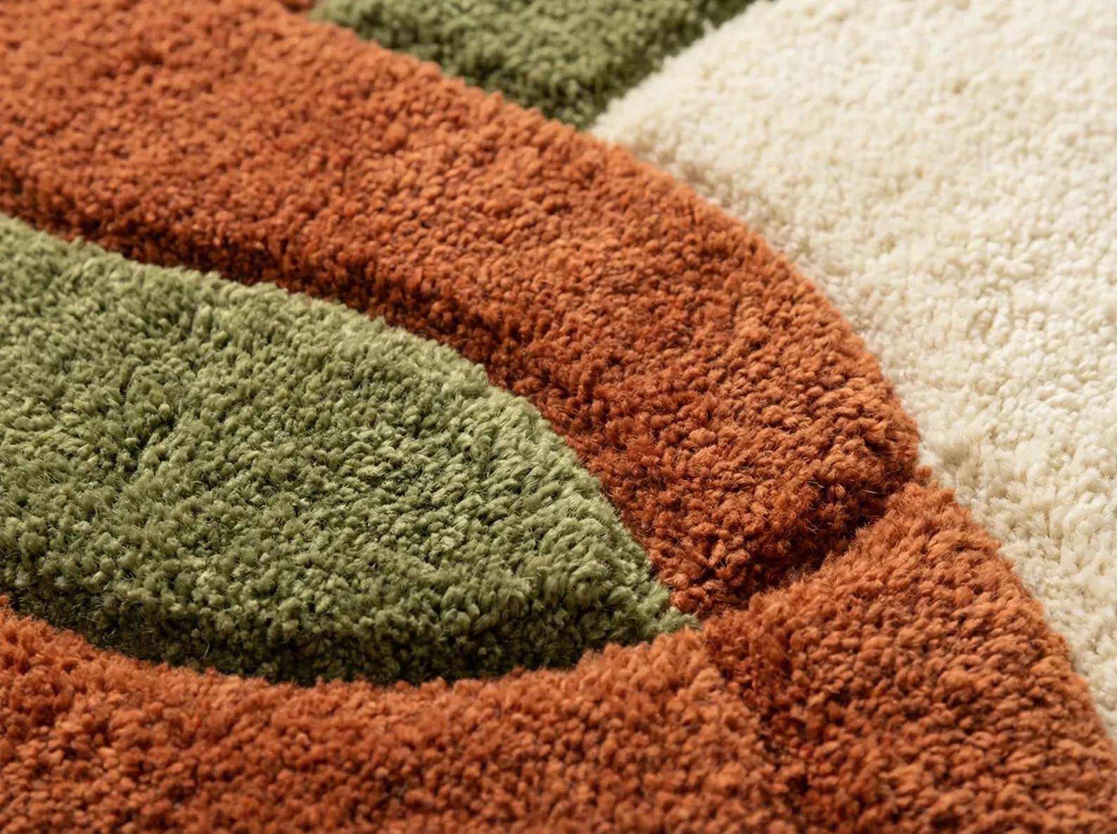 Burnt Orange Olive Green & Cream Retro Abstract Curved Hand Tufted Area Rugs
