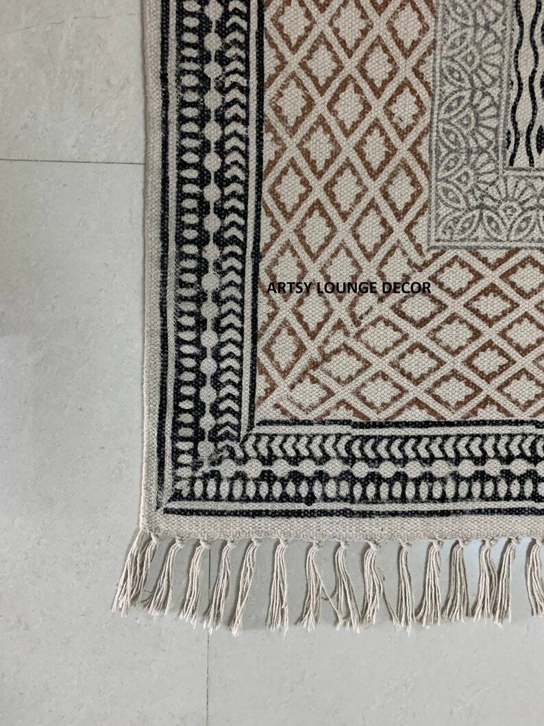 Handmade Cotton Rug Navajo Kilim Rug Block Print Rug Bohemia Area Rug Home Decor