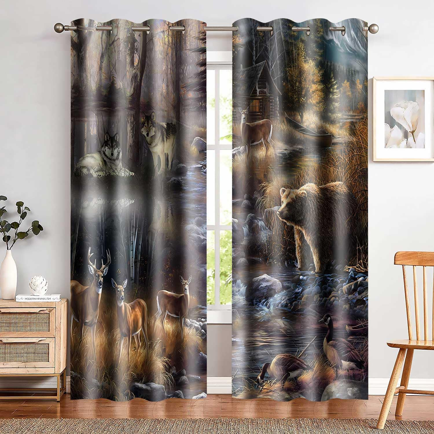 Wildlife Blackout Curtains – Rustic Lodge Bear, Wolf, Elk & Duck 2 Panel 52×84