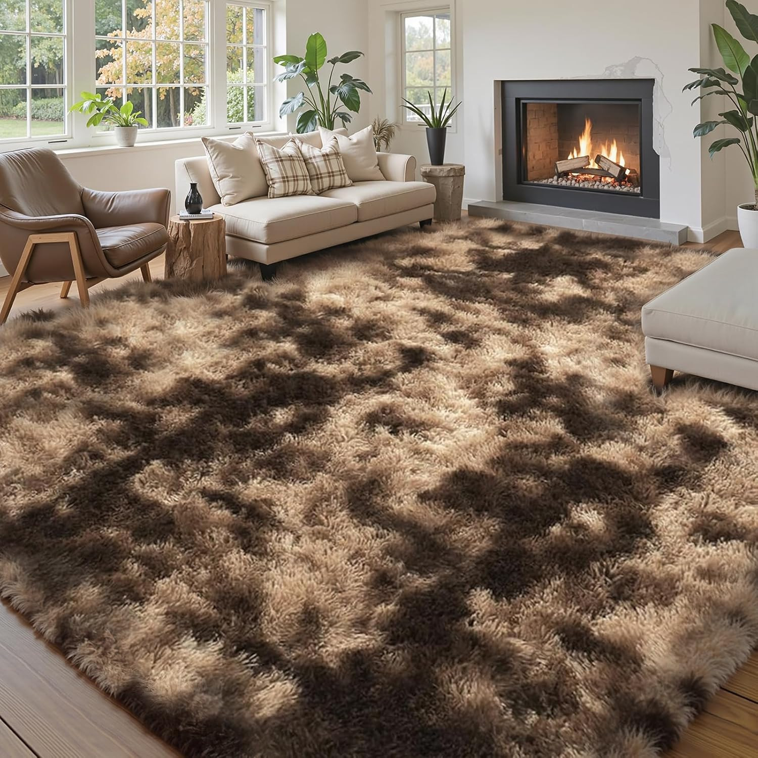 Soft Plush 9×12 Shag Area Rug, Machine Washable, Anti-Slip, Dark Coffee Tie-Dye