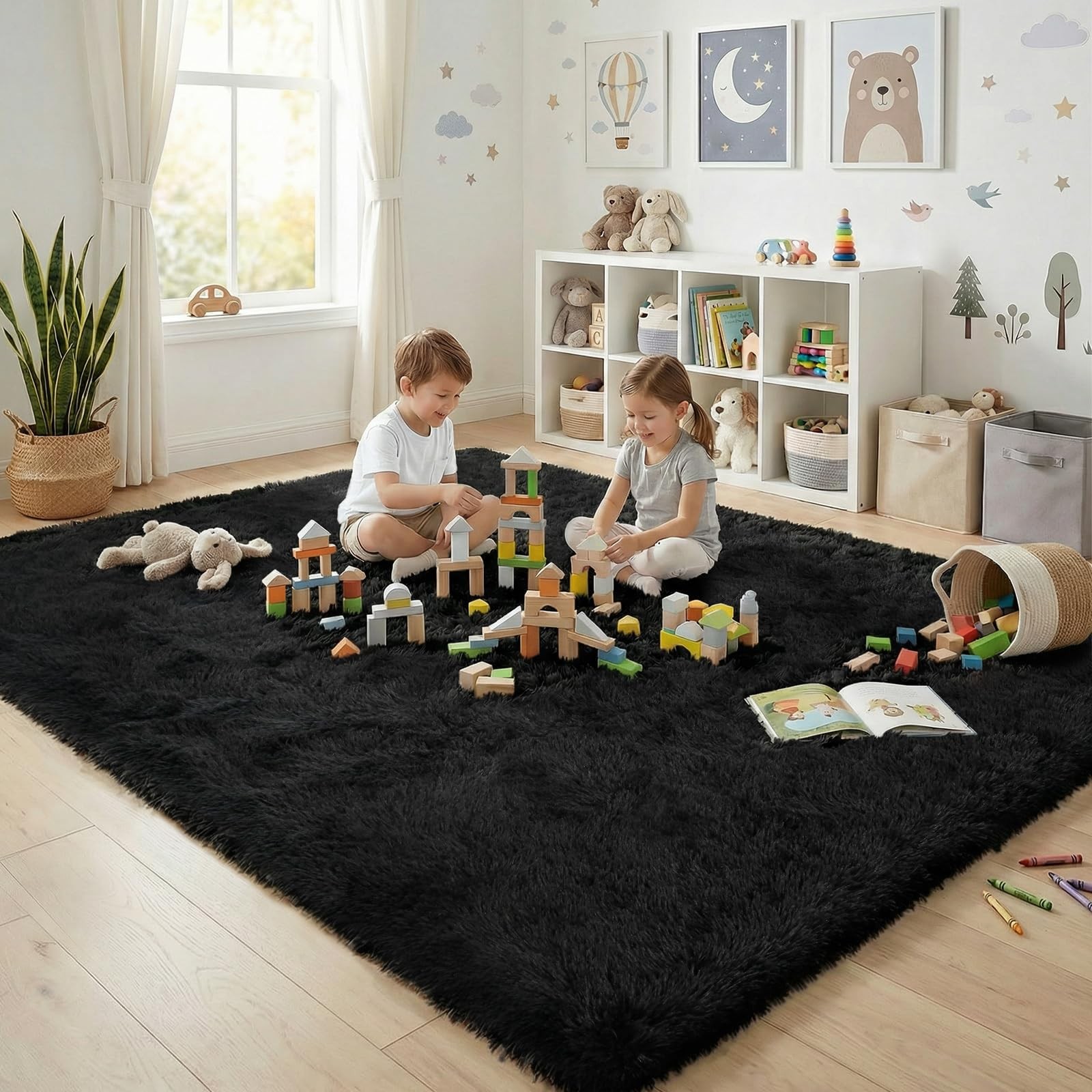 Fluffy Rugs for Living Room: Black Soft Shag Rug for Bedroom, Large Fuzzy Plu…