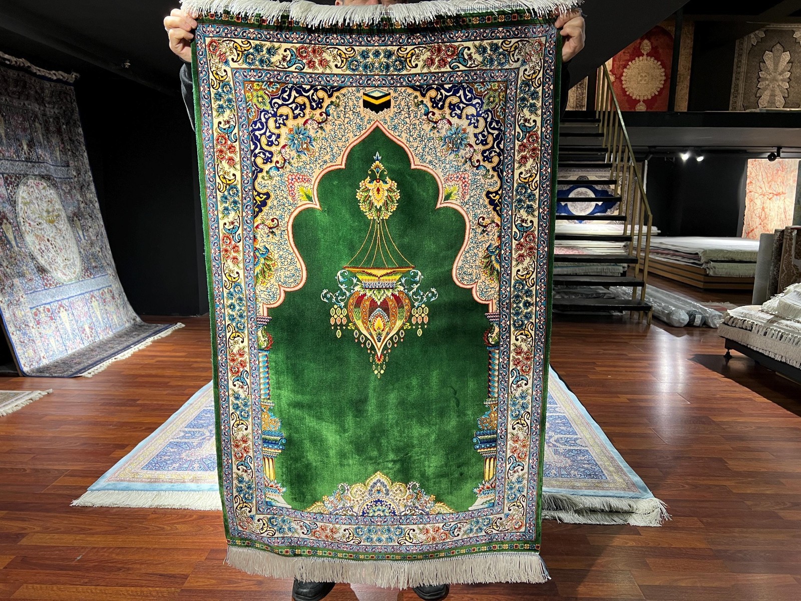 3×4 ft Green Silk Prayer Rug Muslim Gift Rug Janamaz Prayer Mat