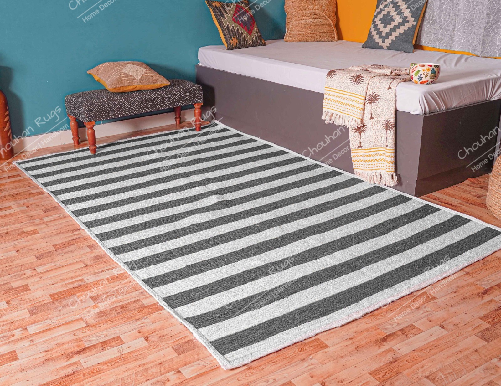 Handmade Rectangle Jute rug white and dark grey stripes living, home decor rug