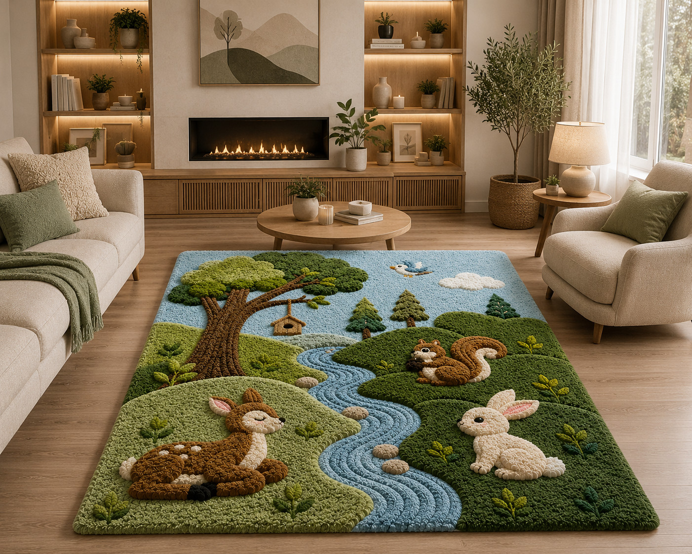 Hand Tufted Wool CarpetForest Animal Rug Deer Rabbit Home Decor carpet