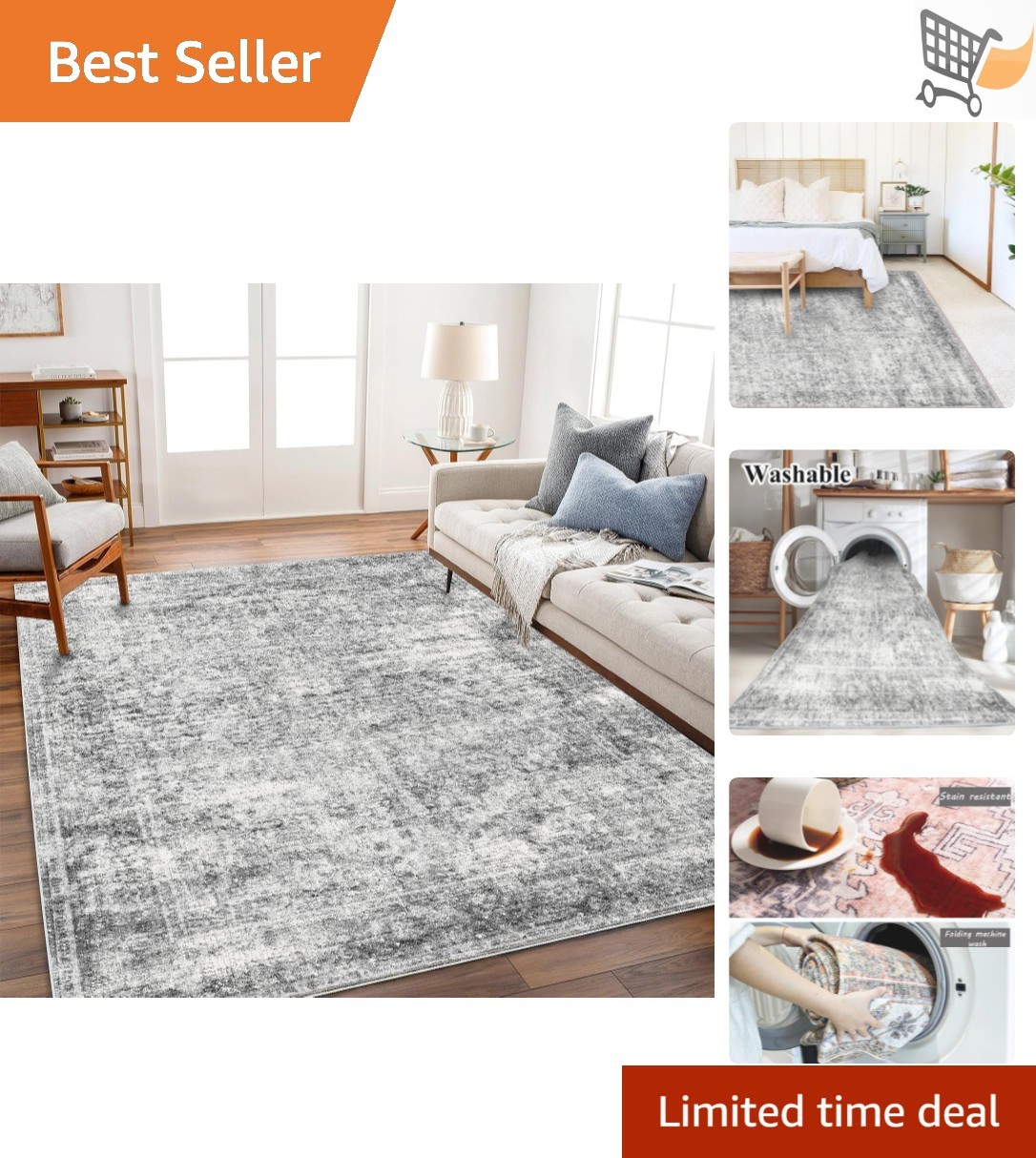 Gray 4×6 Washable Vintage Floral Area Rug Non Slip Indoor Floor Cover