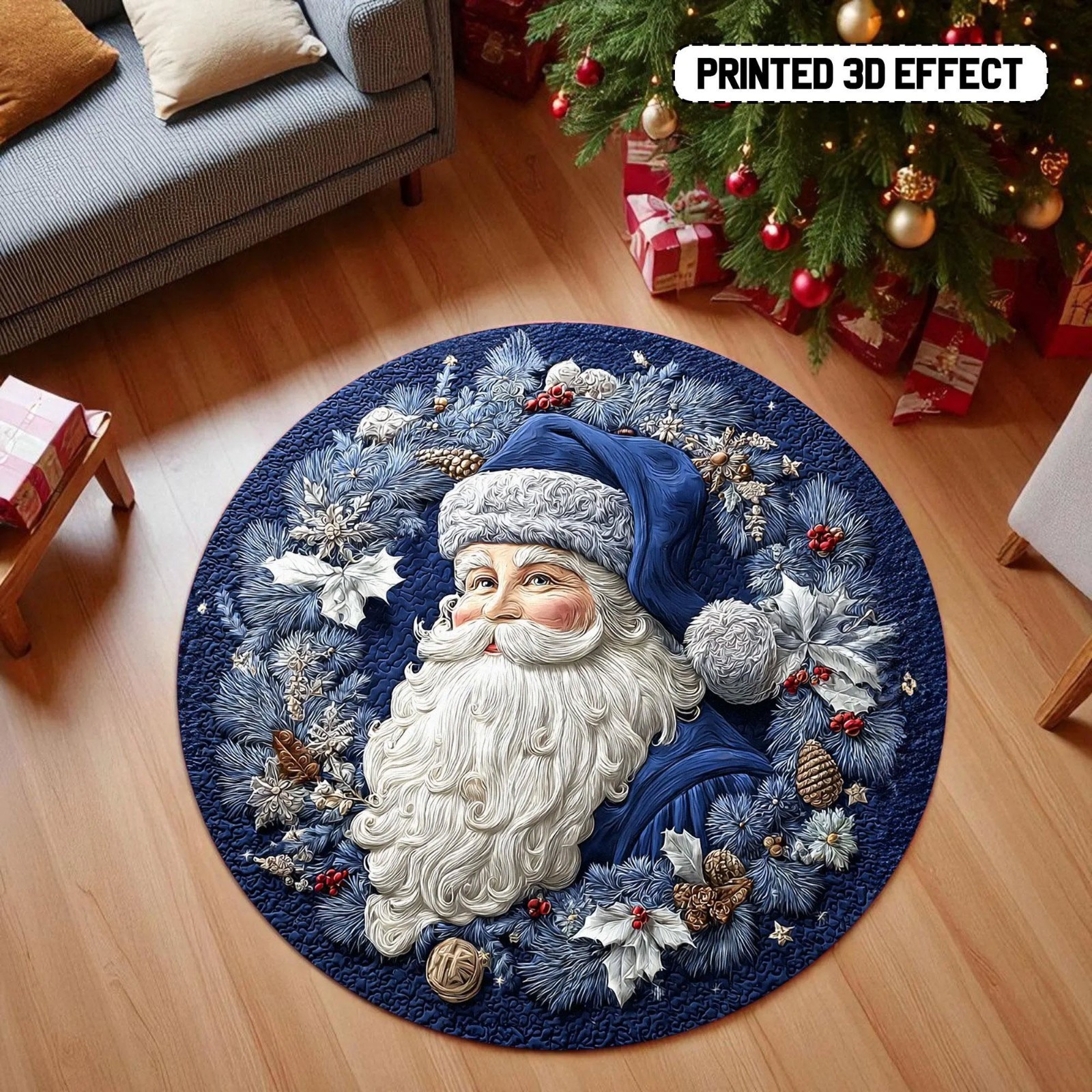 Blue Santa Claus Rug 3D Printed Christmas Round Mat Vintage Holiday Carpet Decor