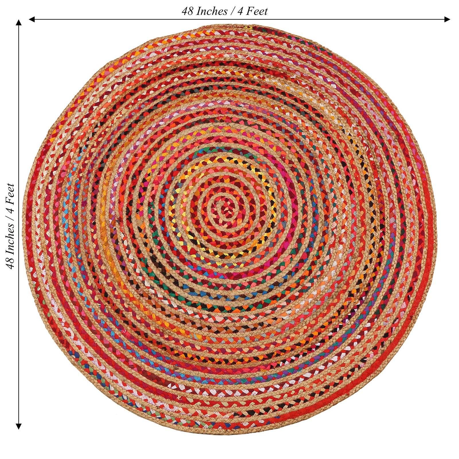 Jute Chindi Round Braided Rug, Hand Woven Reversible Natural Recycled Cotton Rug
