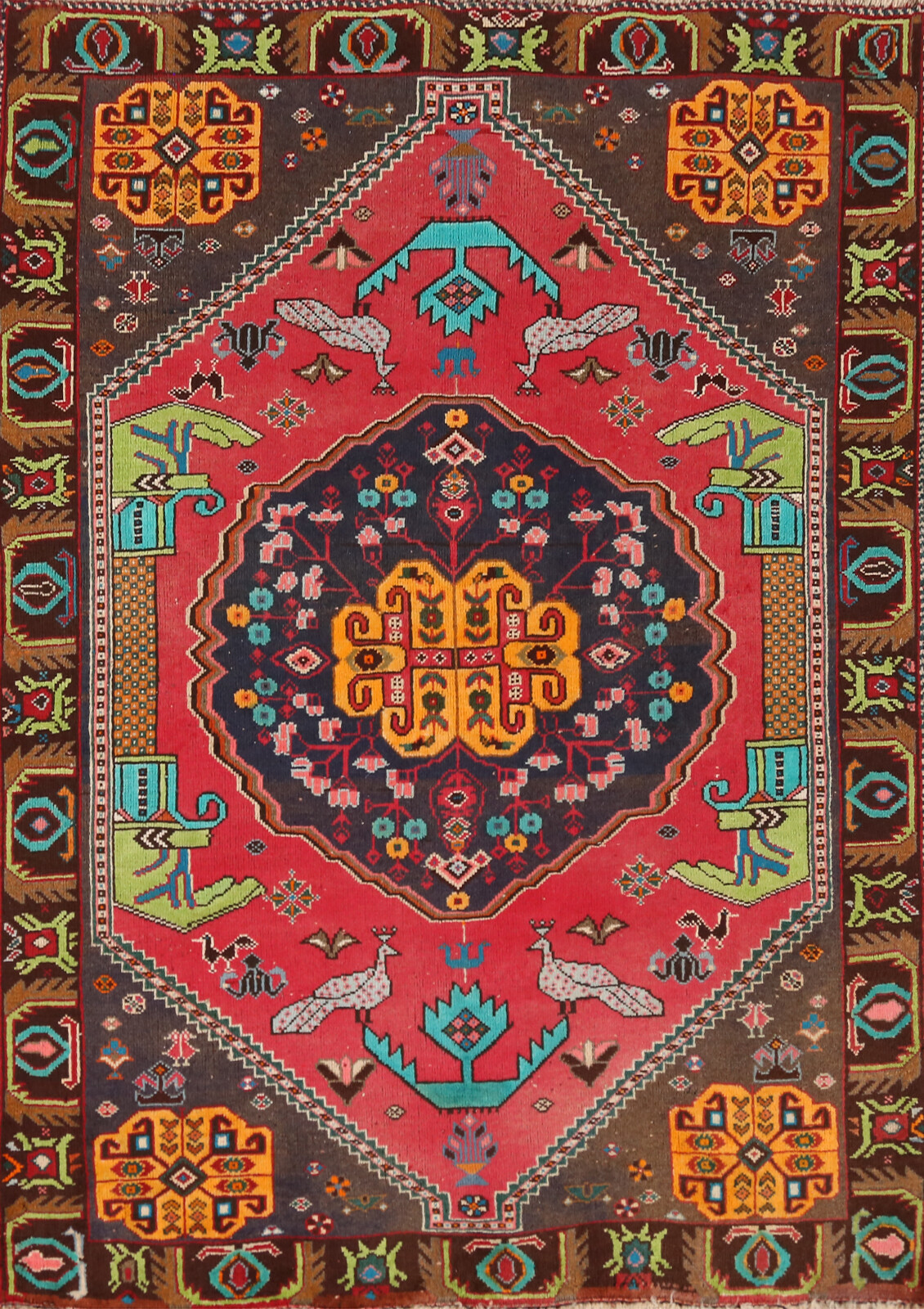 Geometric Wool Abadeh Nomadic Rug 4×5 Hand-knotted Animal Design Traditional Rug