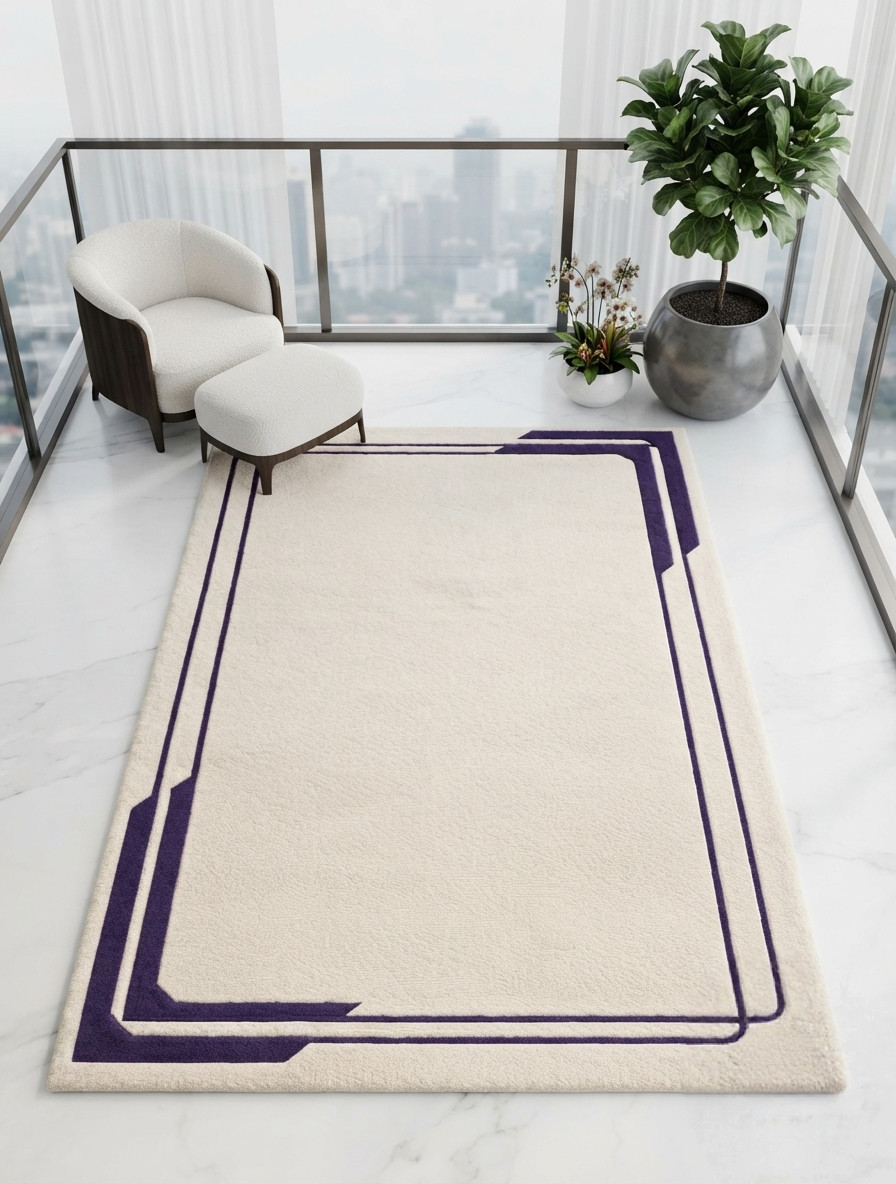 Hand Tufted Wool Area Rug Modern Ivory Cream Purple Border Custom Size Rug