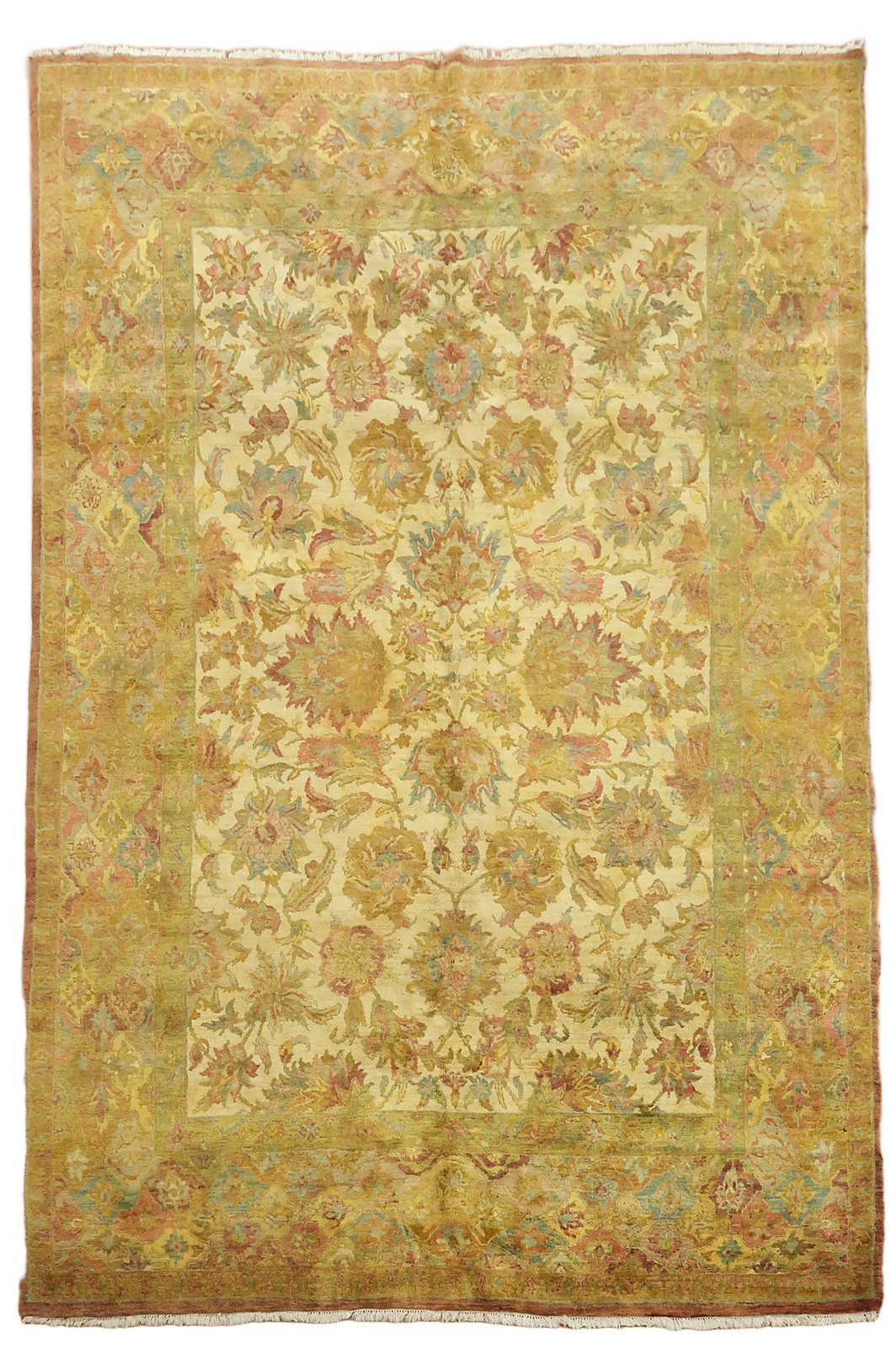 Agra Oriental 9×14 Large Wool Rug All-Over Beige & Gold Tones