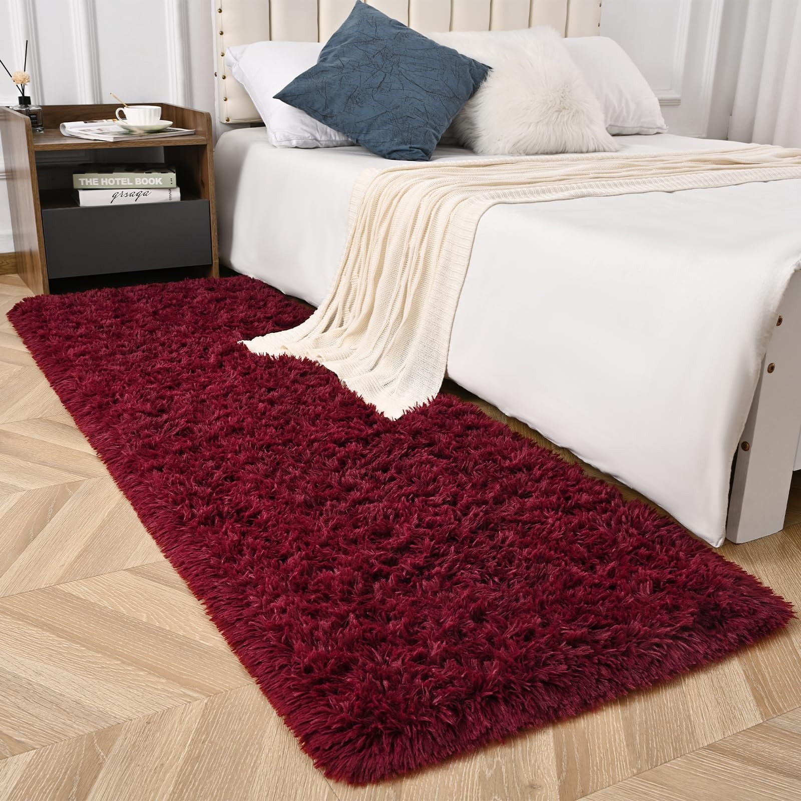 Burgundy Red Runner Area Rugs for Bedroom Living Room, 2×6 Feet Fluffy Bedsid…