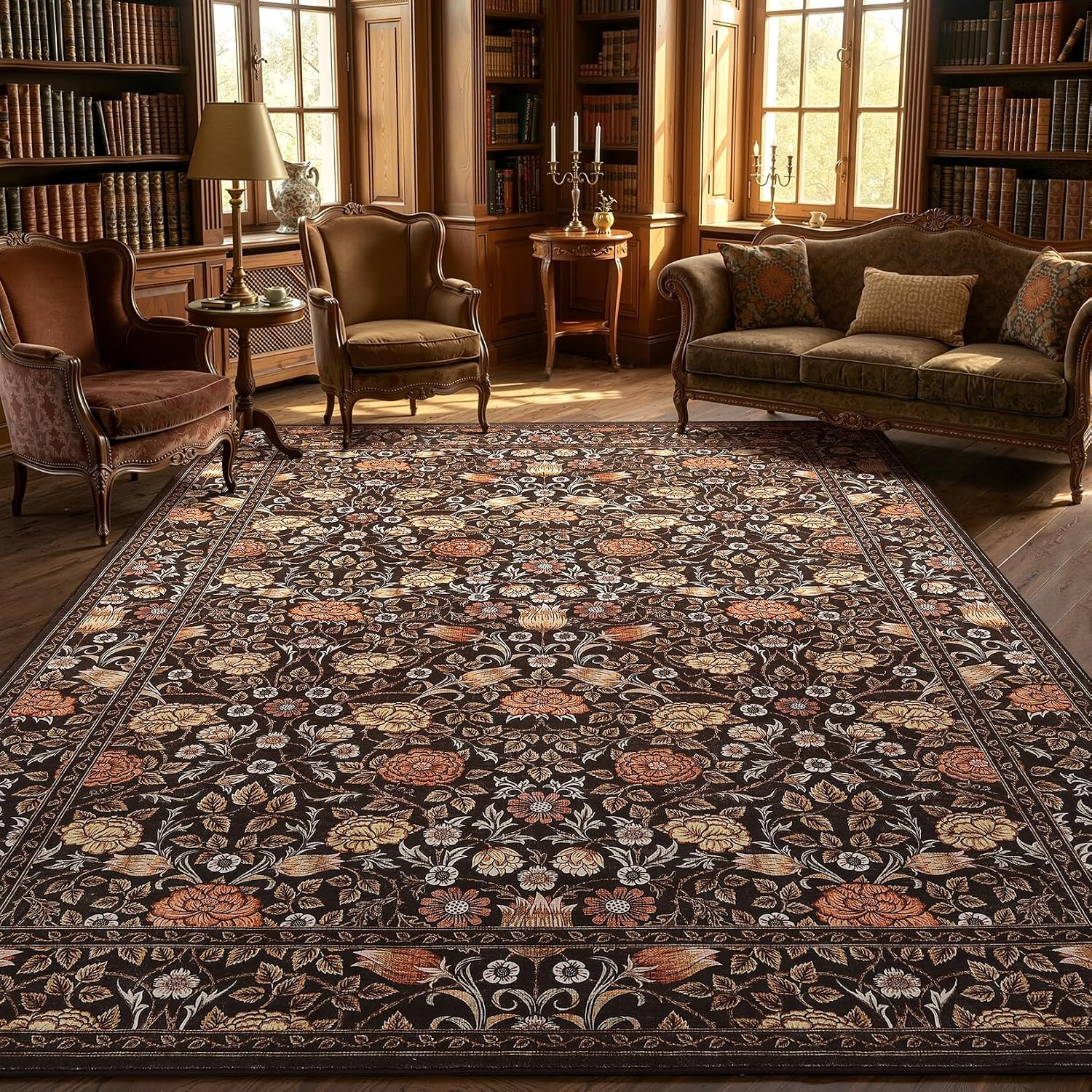Brown Vintage Floral Washable Rugs 5X7 for Living Room Black Boho Botanical Retr