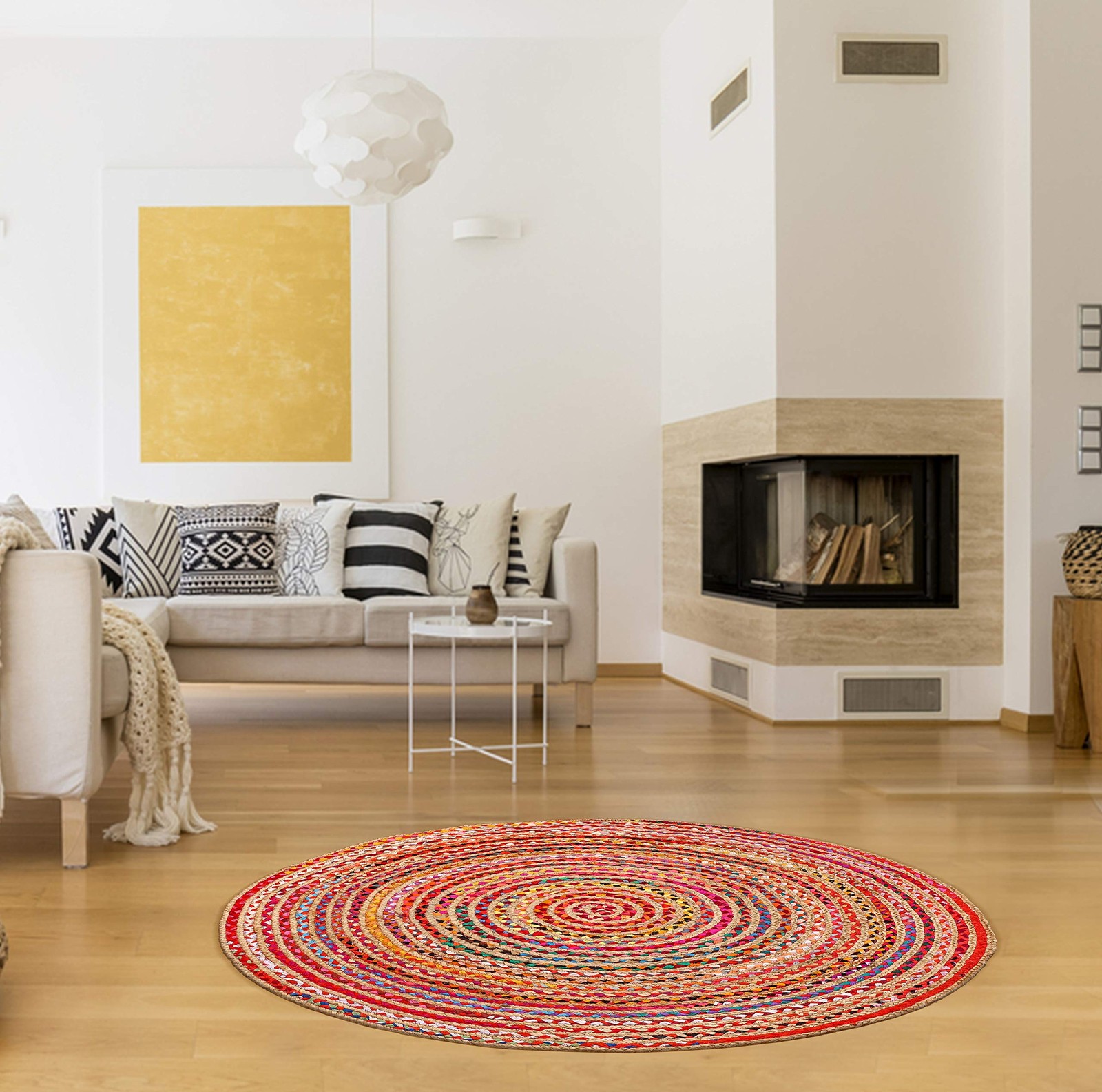 Jute Chindi Round Braided Rug, Hand Woven Reversible Natural Recycled Cotton Rug