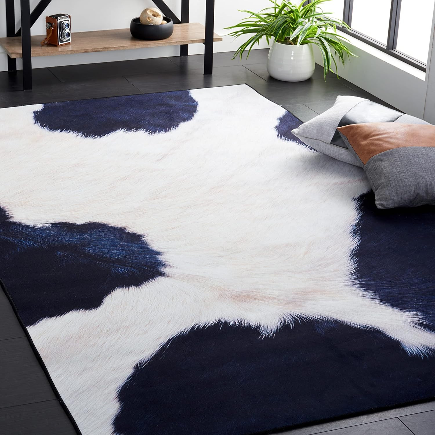 10′ x 14′ Washable Faux Hide Rug, Ivory & Dark Blue Cow Print