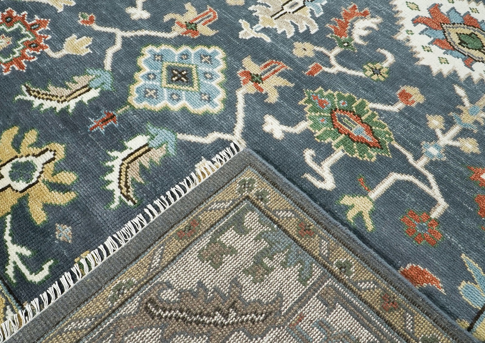 9’3”x12’1” Hand Knotted Wool Blue, Ivory Oushak Arts & Crafts Rug