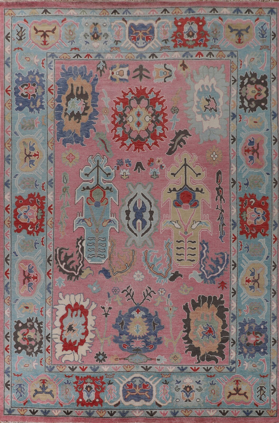 Floral Oushak Pink/ Light Blue Living Room Rug 10×14 Wool Handmade Oriental Rug