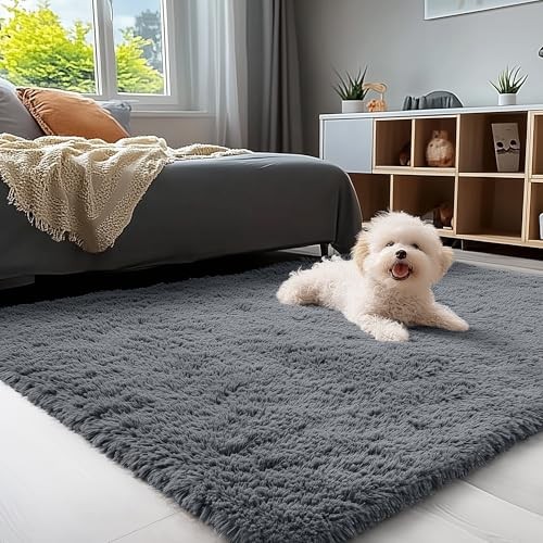 Area Rugs for Living Room Bedroom, Machine Washable Soft Fluffy 4×5.9 ft Grey