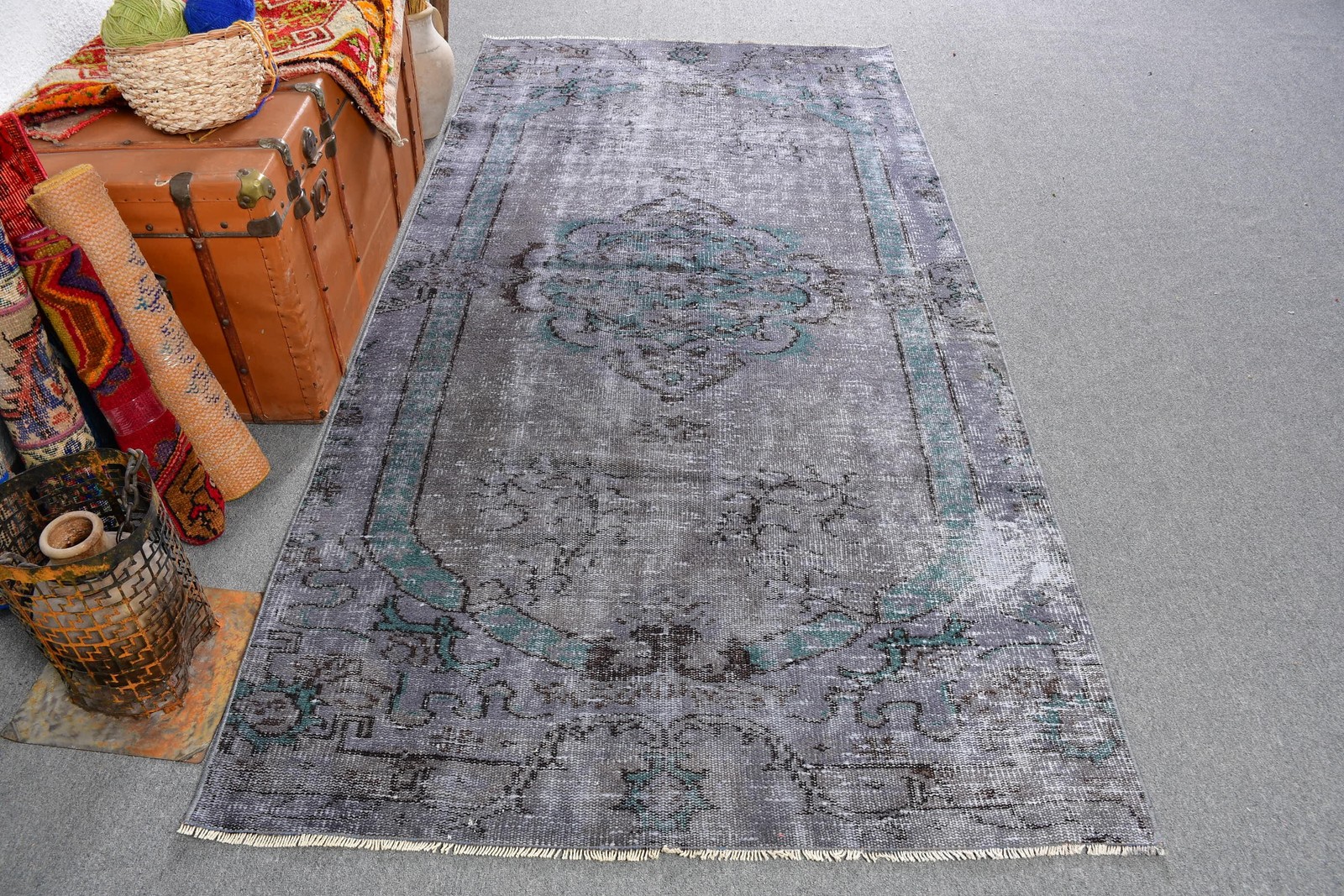 4,1×8,5 ft Turkish Rug, Gray Plants & trees Vintage Wool Rug