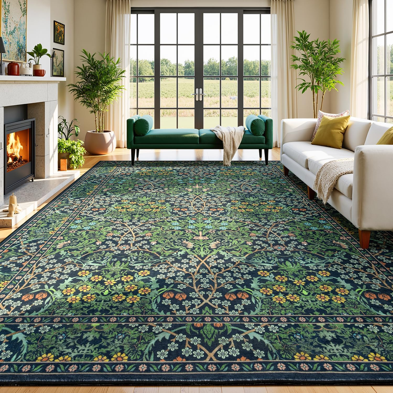 Floral Living Room Rug 8X10 Area Rugs, Vintage Forest Washable Rugs for Dining R