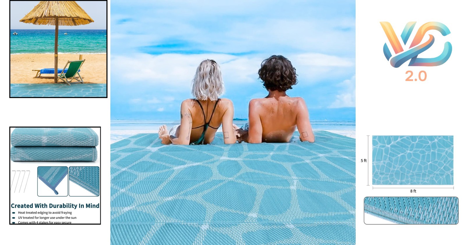 Blue 5×8 Waterproof Plastic Straw Rug Outdoor & Beach Reversible Mats