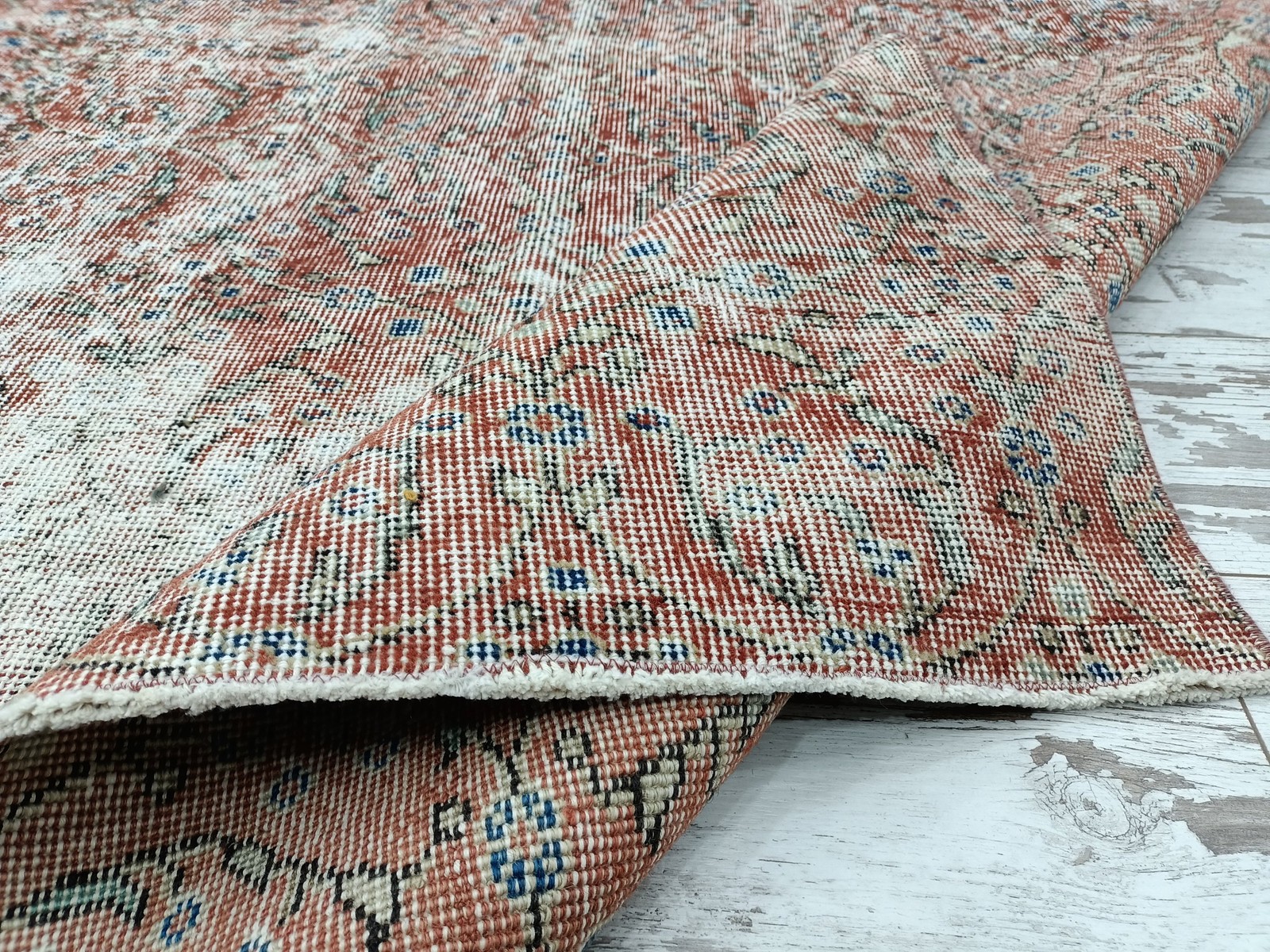 Turkish Oushak Rug Vintage Handmade Wool 4.9×8.4 Ft Faded Primitive