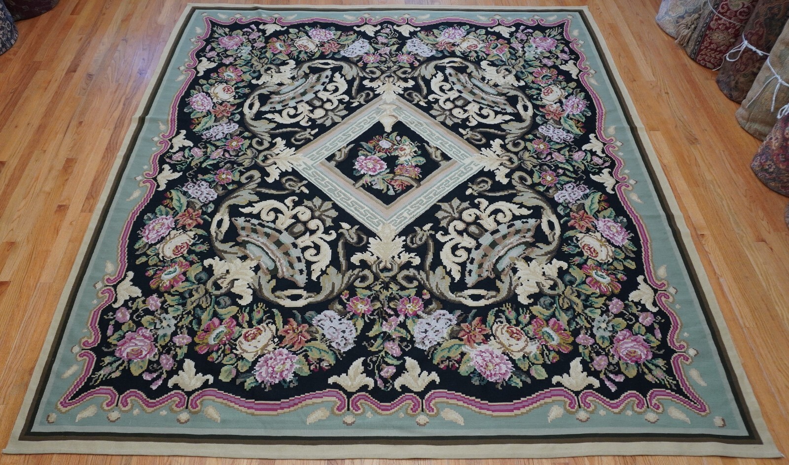8’9″ x 9’8″ Antique Bessarabian Kilim Roses Flowers Handwoven Flatweave Rug