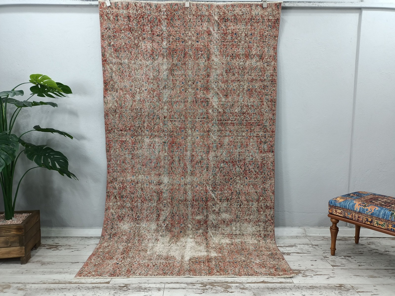 Turkish Oushak Rug Vintage Handmade Wool 4.9×8.4 Ft Faded Primitive