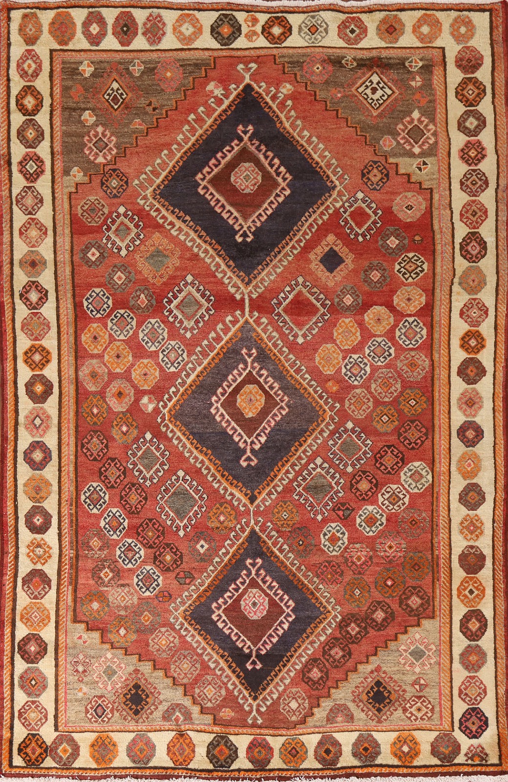 Geometric Rust Wool Area Rug 5×8 Vintage Tribal Traditional Handmade Carpet
