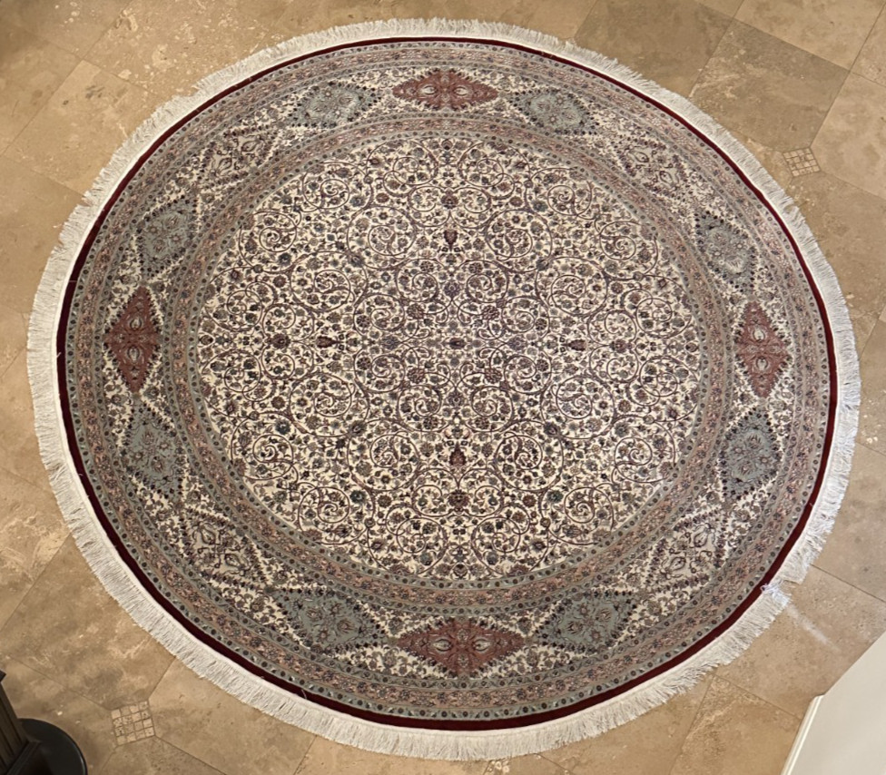 Large 102″ Nain-Style Round Floral Area Rug Fringe Ivory Burgundy Blue