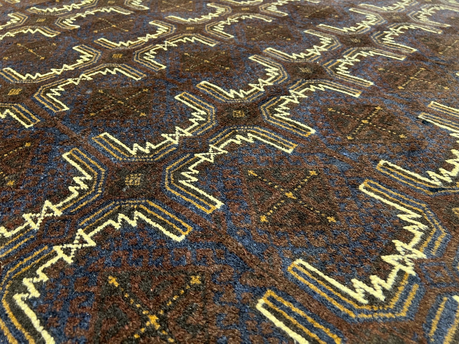 7’1 x 11’2 Ft Distinctive Afghan Baluchi Wool Rug Dark Brown Blue Geometric Rug