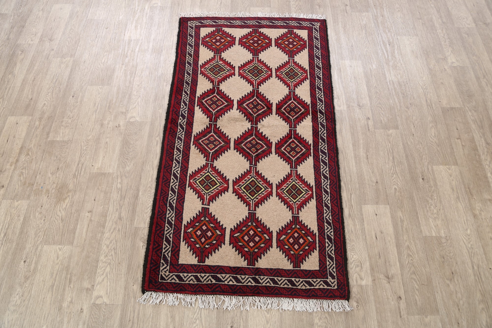 Vibrant Color Geometric Handmade Balouch Afghan Accent Rug Ivory 3×6 ft