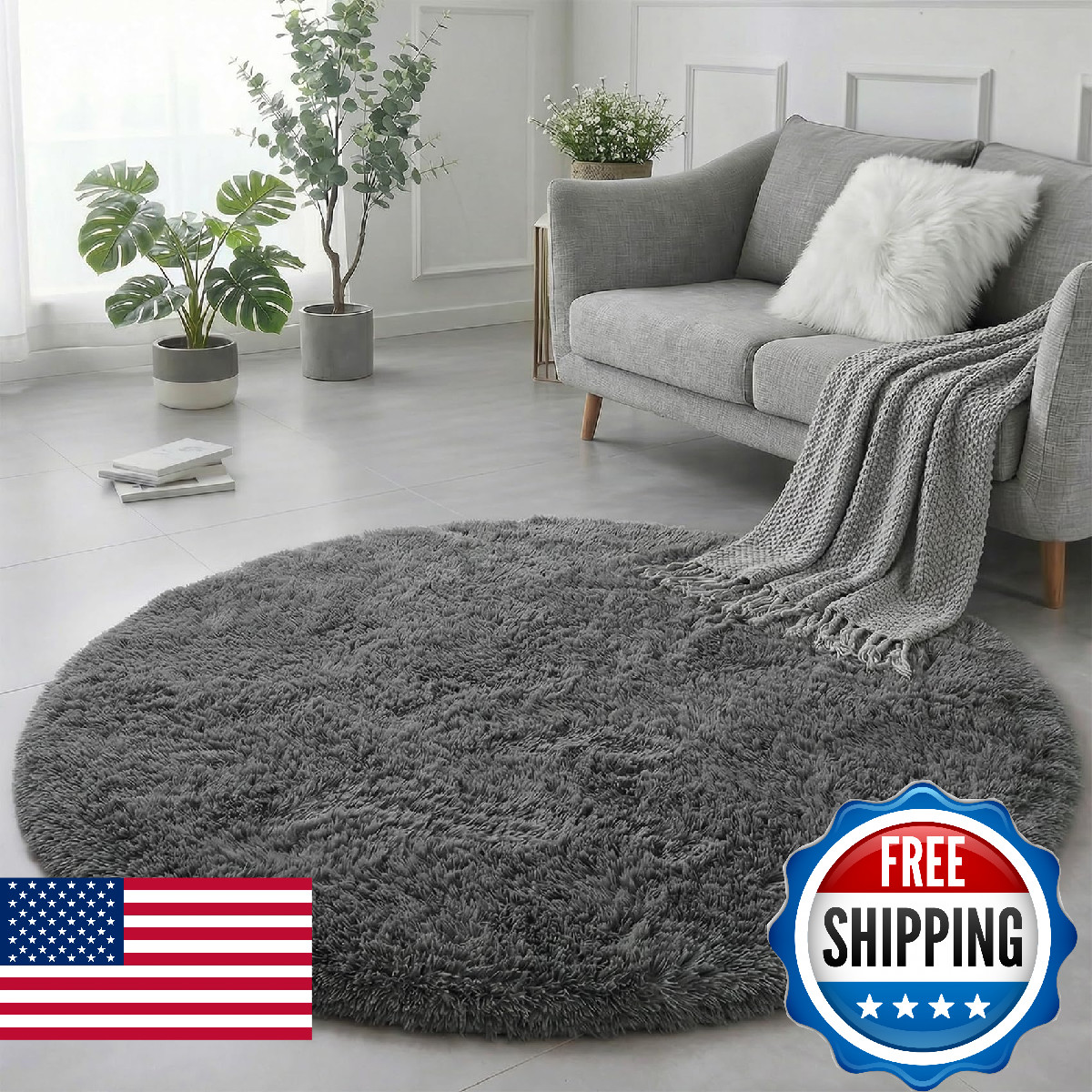 Grey Round Rugs 4Ft for Living Room Bedroom, Fluffy Fuzzy Shag Shaggy Circle Are