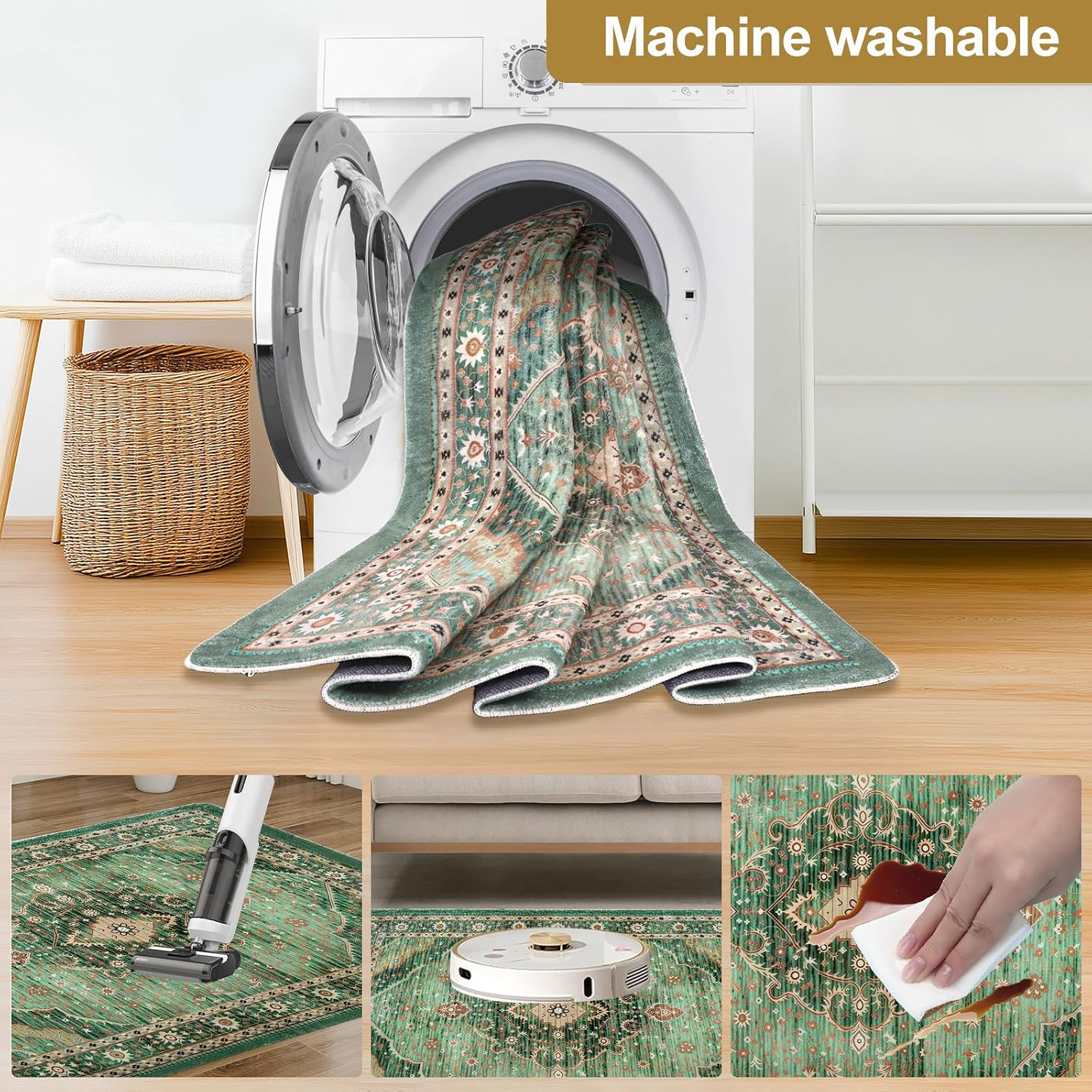 Vintage Texture Area Rug, Machine Washable, Anti-Slip, Stain Resistant, Soft