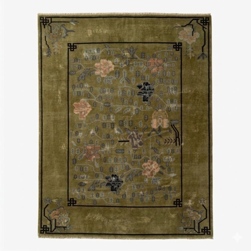 Vintage Art Deco Chinese Peking Rug – 9×12 Hand-Knotted Moss Green Wool Carpet –
