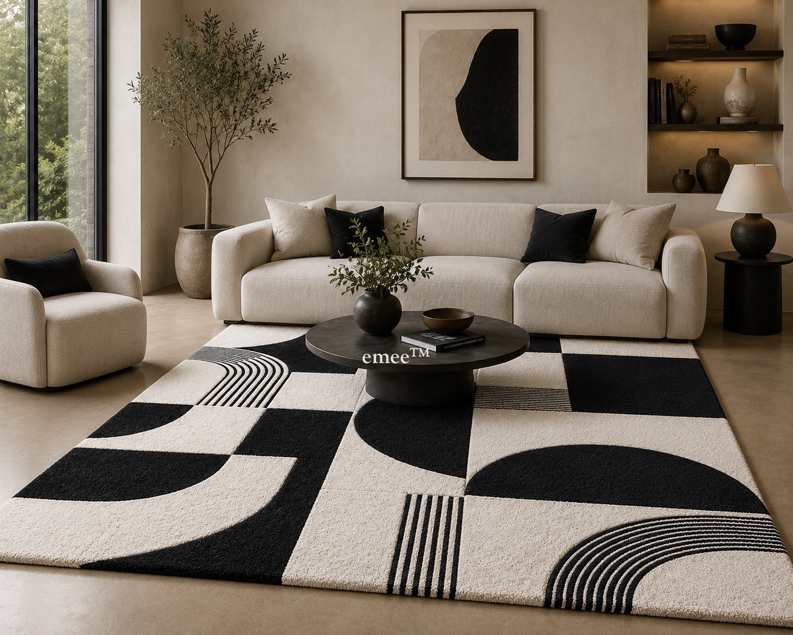 Mid Century Modern Wool Rug Black White Geometric Handmade Area Carpet
