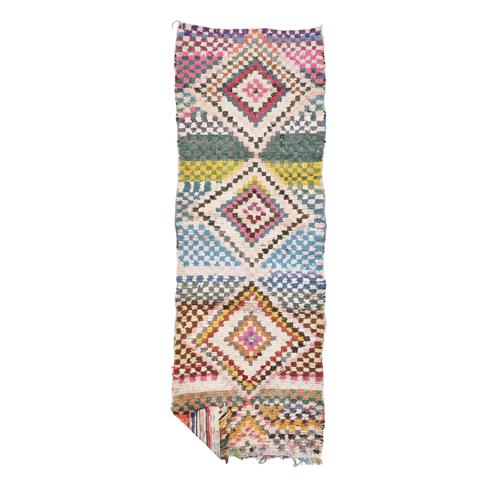 Moroccan Handmade Vintage Rug3’3×9’5Berber Check Geometric Multicolor Cotton Rug