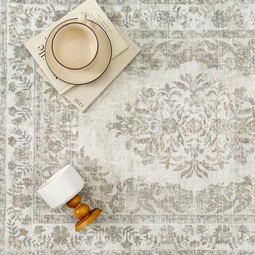 5×7 Area Rug Beige Washable Vintage 5′ x 7′ (Rectangular) Floral Beige
