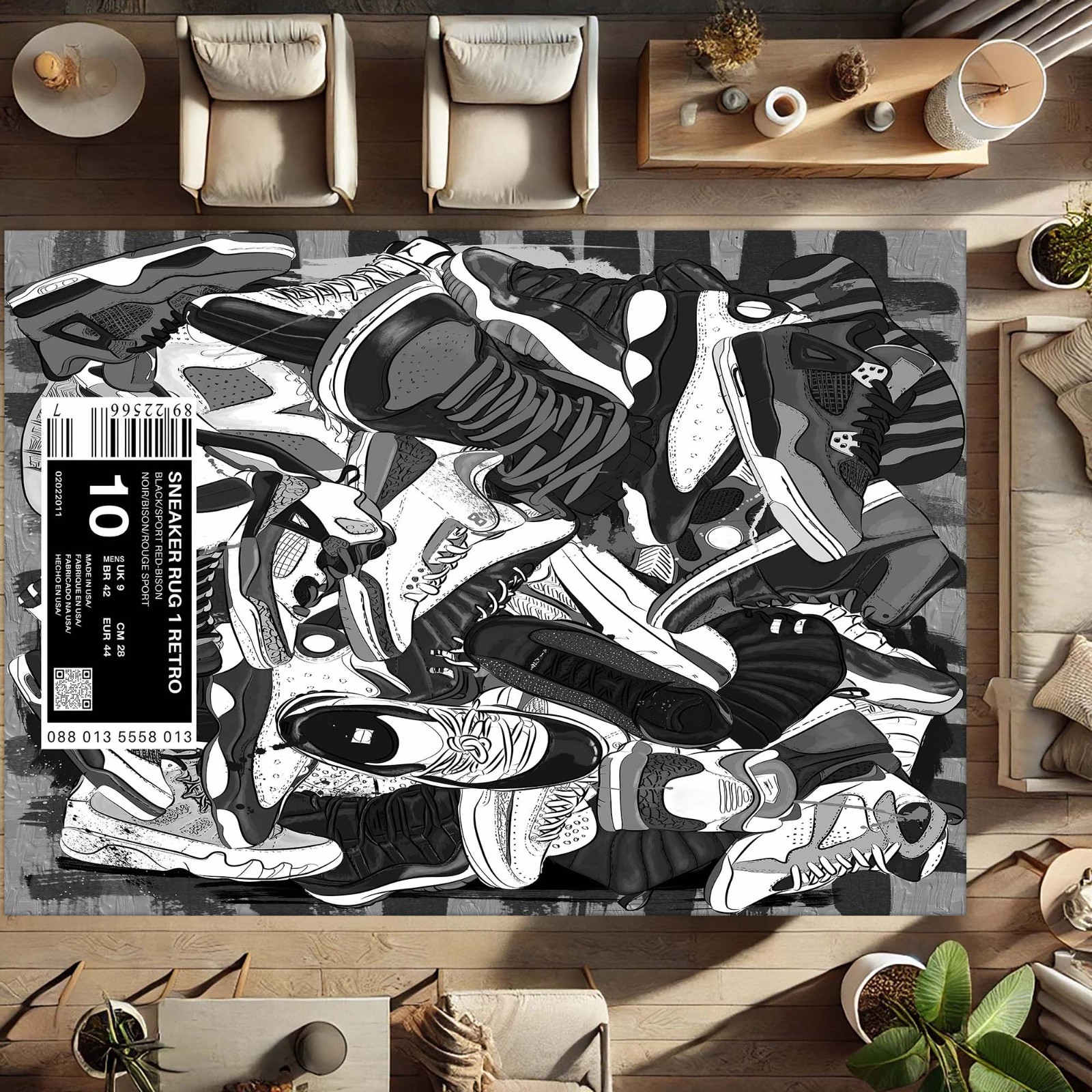 Black White Sneaker Rug, Hypebeast Area Rug, Streetwear Room Decor