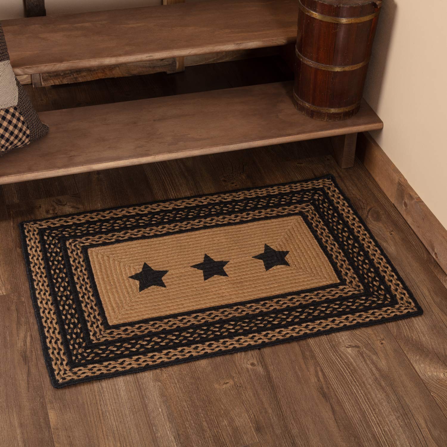 Farmhouse Primitive Jute Black Accent Rug Rectangle Stencil Stars w/Floor Pad…